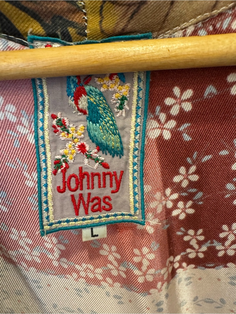 Johnny Was Red & Pink Patchwork Kimono Robe with Olive Trim - Picture 5 of 6